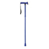 shows the folding rubber handled walking stick in bright blue