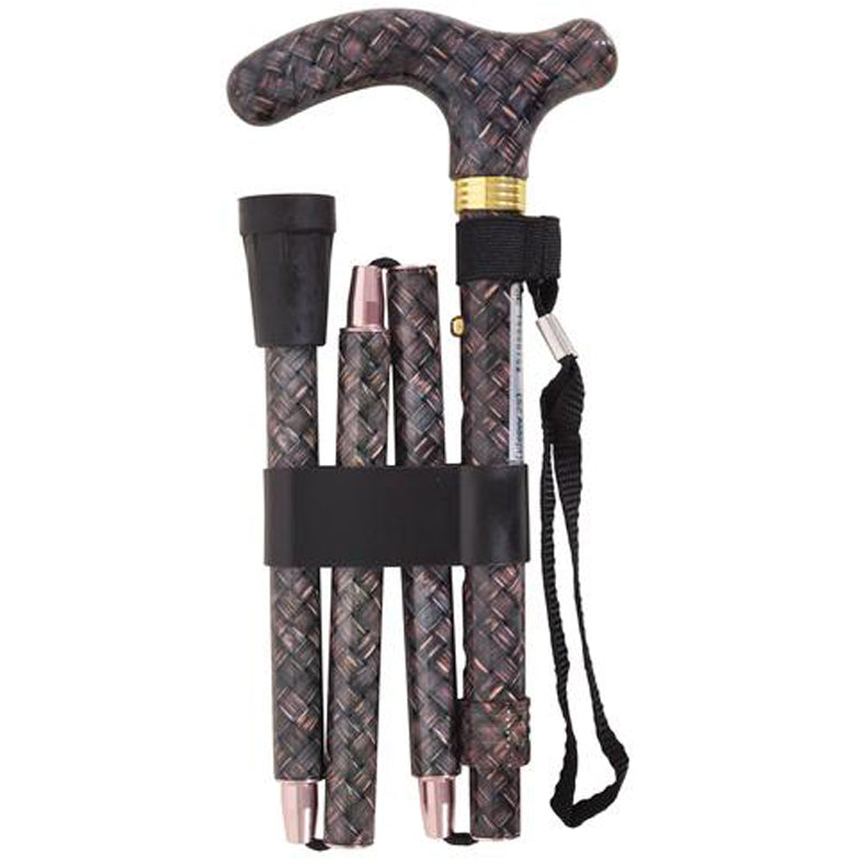 shows the deluxe folding patterned walking cane in 'maze' design