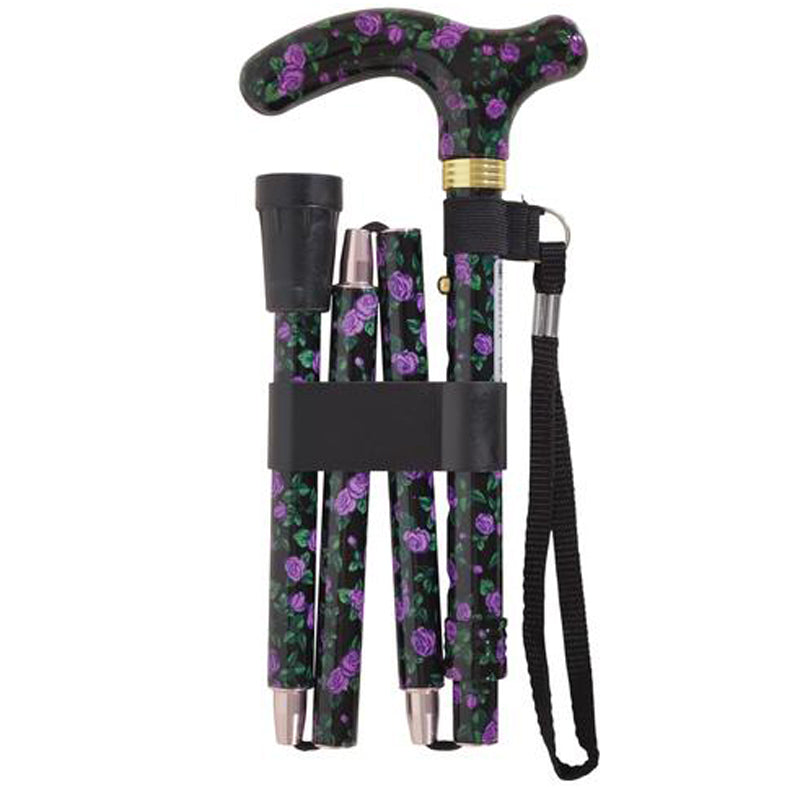 shows the deluxe folding patterned walking cane in 'magic blossom' design