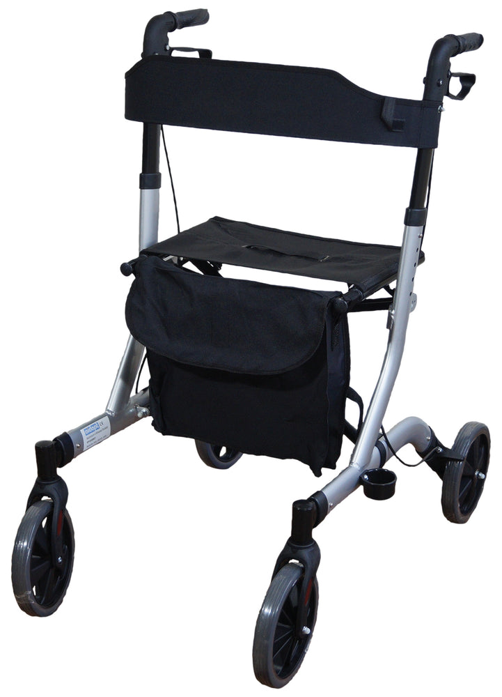 shows the grey deluxe ultra lightweight folding 4 wheeled rollator