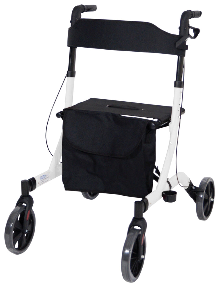 the white deluxe ultra lightweight folding 4 wheeled rollator