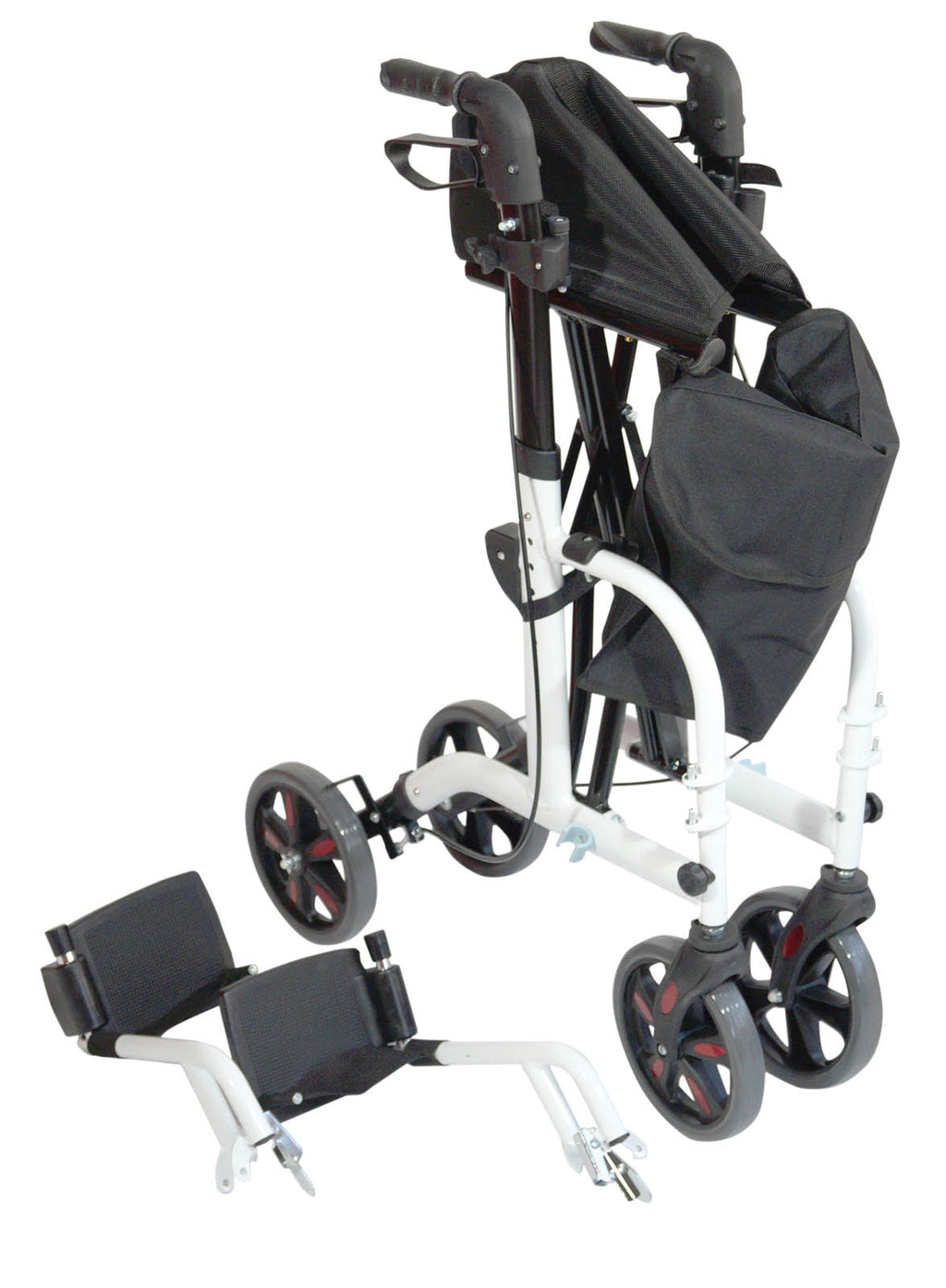 shows a folded up duo deluxe rollator and transit chair