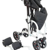 shows a folded up duo deluxe rollator and transit chair