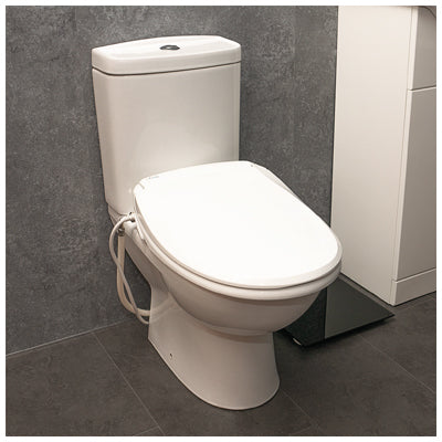 shows the e'loo one touch seat, with the lid closed