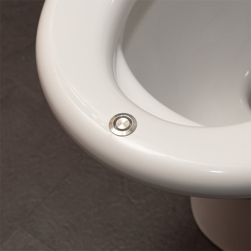 shows a close up of the one touch button on the e'loo one touch seat
