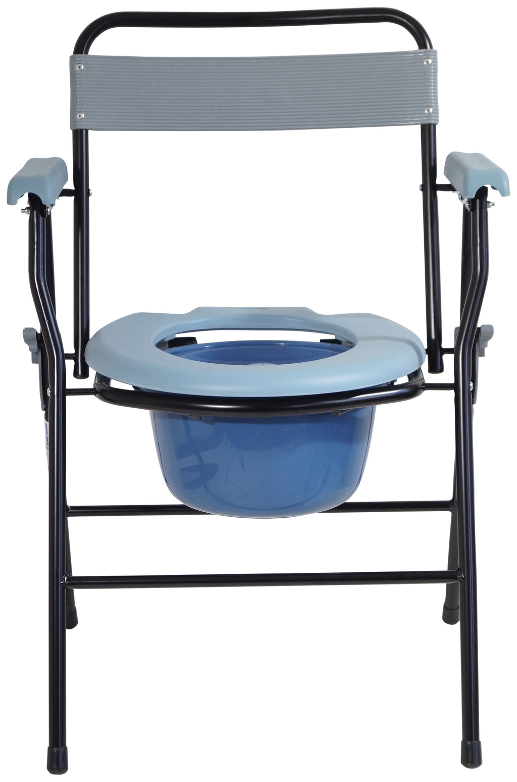 shows a front view of the folding commode chair