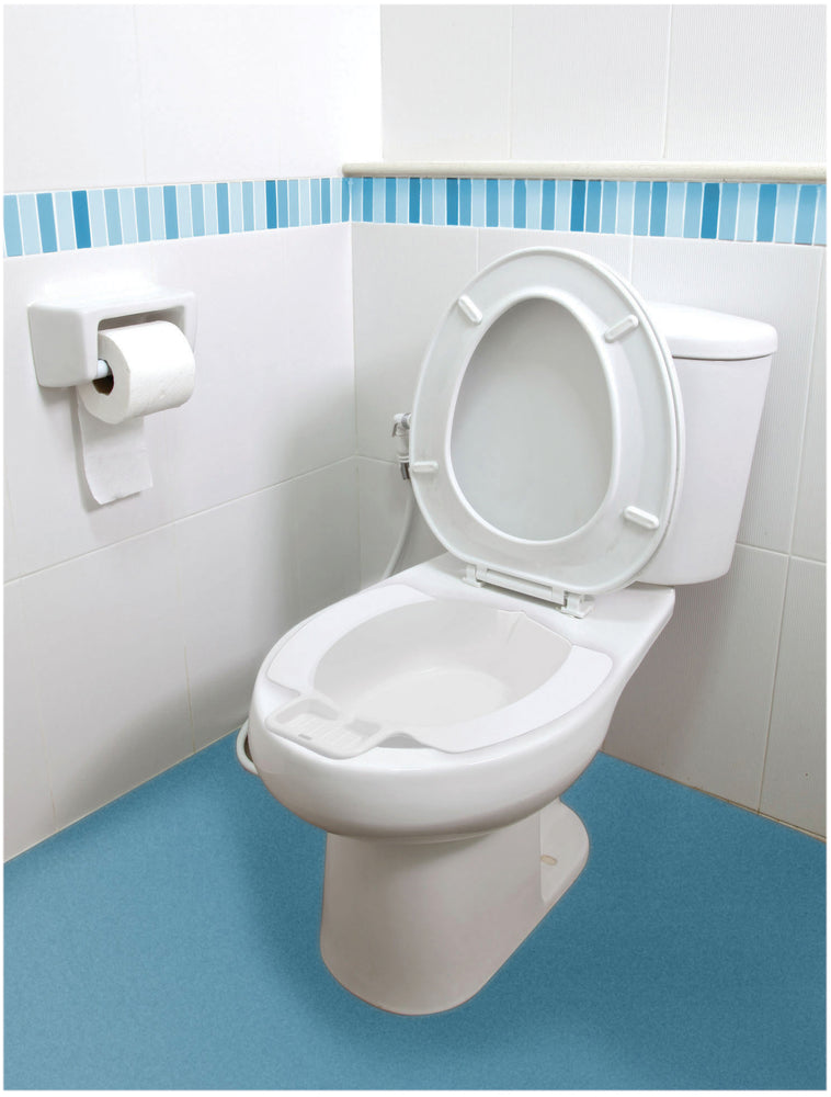 shows the portable bidet bowl in place on a toilet