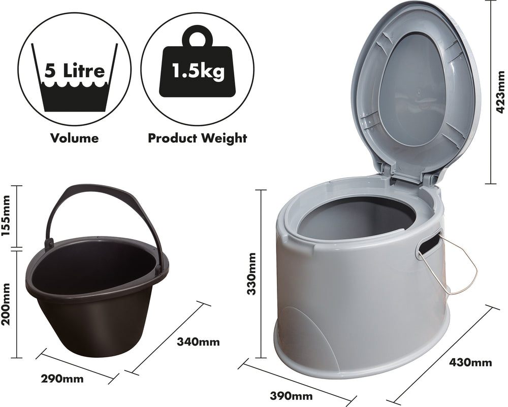 Portable Toilet - Product Weight 1.5kg, 5 litre volume. Waste Pail: 290mm width and 340mm length at base, 200mm height and 155mm length of handle. Toilet: 390mm width, 430mm length, 330mm height at base, 423mm height of lid