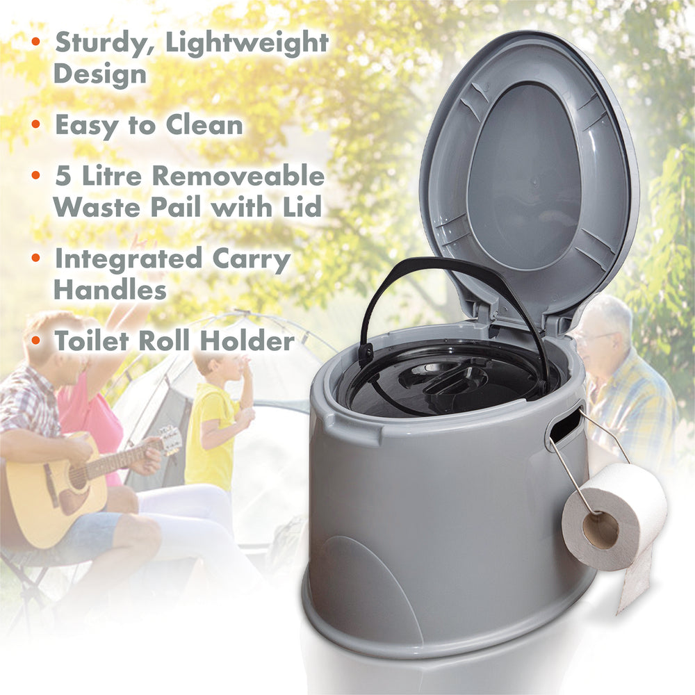 Portable Toilet - Sturdy, Lightweight Design, Easy to Clean, 5 Litre Removable Waste Pail with Lid, Integrated Carry Handles, Toilet Roll Holder