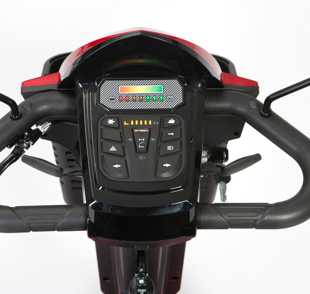 the image shows a close up of  the steering column on the red viper scooter