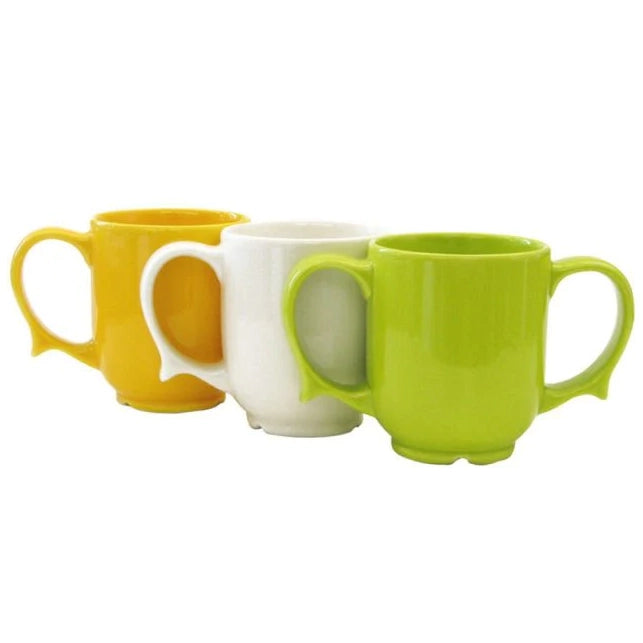 The three colours of Wade Dignity Mug; Yellow, White, and Green