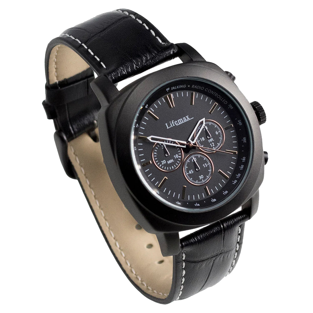 The Lifemax Chronograph Atomic RNIB Talking Watch with a black leather strap
