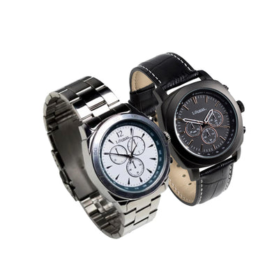 The two versions of the Lifemax Chronograph Atomic RNIB Talking Watch, one with a metal strap and one with a black leather strap