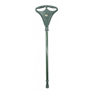 The Adjustable Walker Seat Stick with a bicycle style seat in green.