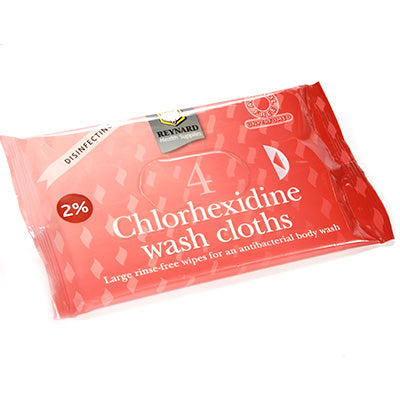 shows a pack of 4 Chlorhexidine wash cloths