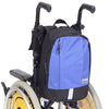 shows the Simplantex Mini Mobility Rucksack in Black/Bright Blue fitted to the back of a wheelchair