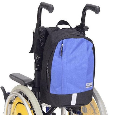 shows the Simplantex Mini Mobility Rucksack in Black/Bright Blue fitted to the back of a wheelchair