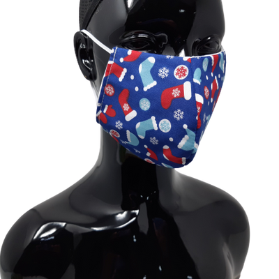 shows the stocking design christmas face mask in blue