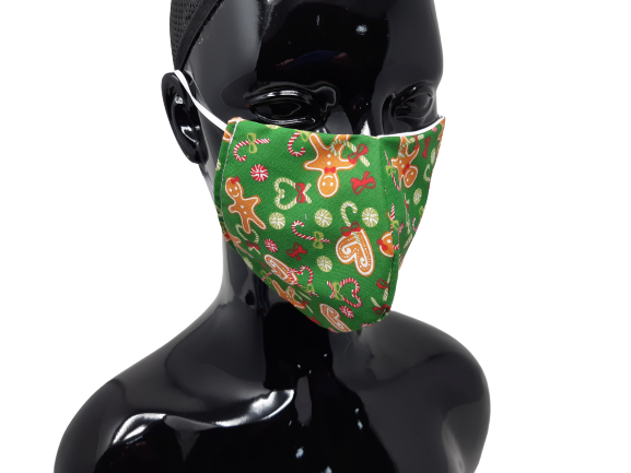shows the gingerbread man and candy cane design christmas face mask