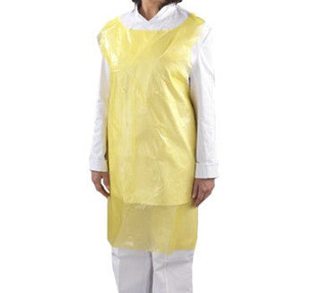 shows a person wearing a disposable yellow apron