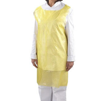 shows a person wearing a disposable yellow apron
