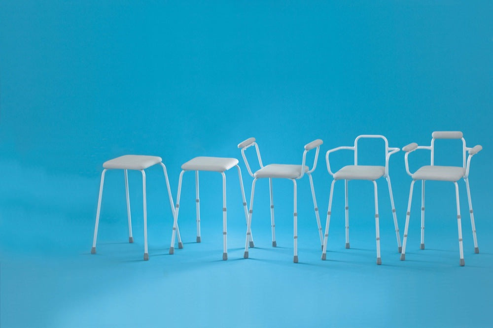 The full range of Sherwood perching stools against a blue background