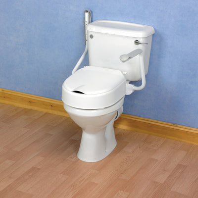 shows the Etac Hi-Loo Raised Toilet Seat with Arms with one arm folded up