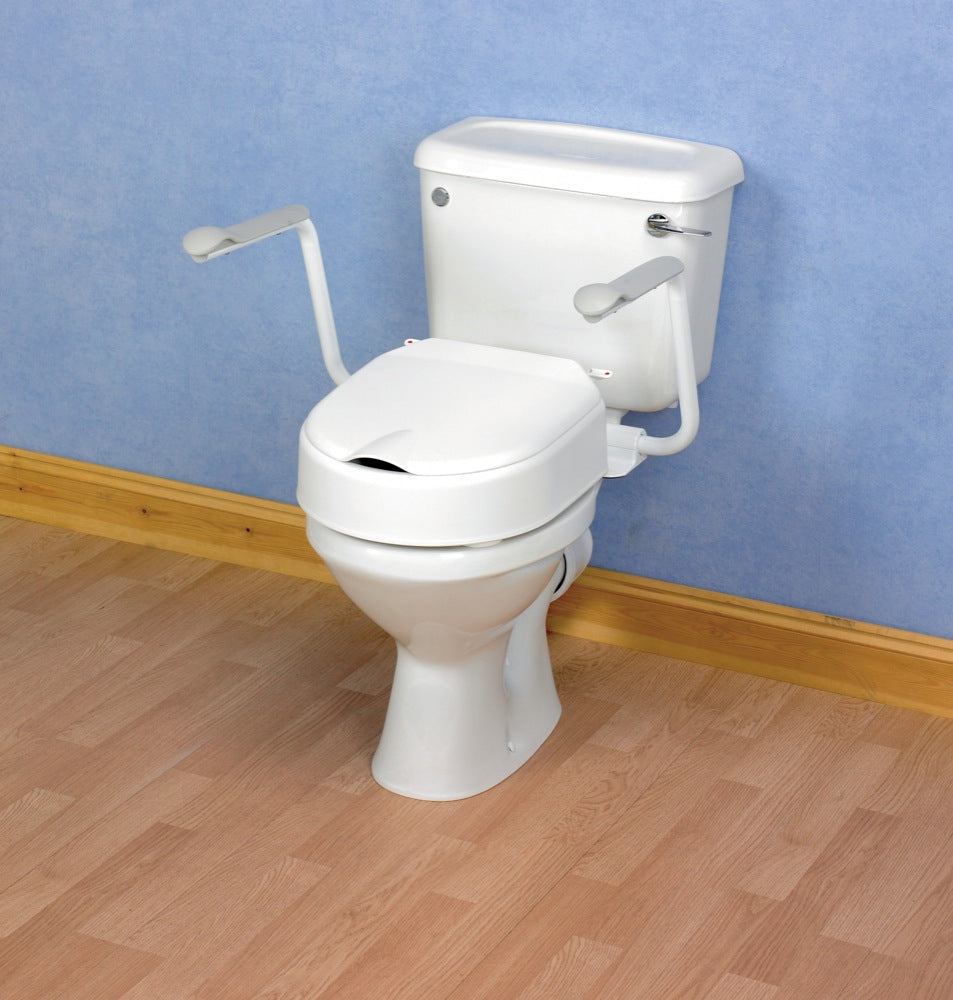 shows the Etac Hi-Loo Raised Toilet Seat with Arms with both arms raised and secured