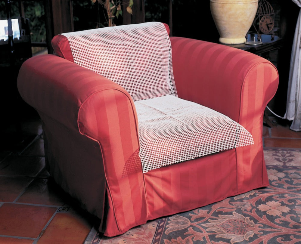 shows the dycem non-slip netting on a red armchair