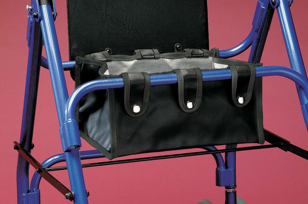 shows the Under Seat Rollator Bag fixed to the frame of a four wheeled rollator