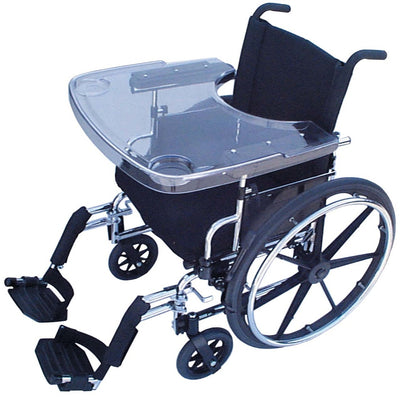 shows the Transparent Wheelchair Tray fitted to a wheelchair
