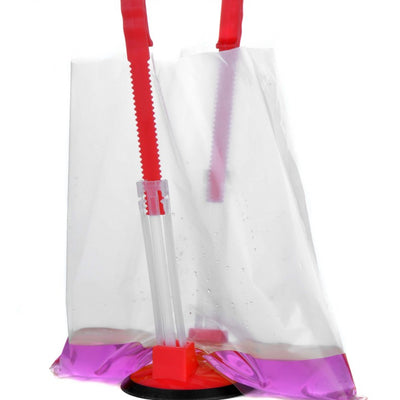 shows the adjustable bag holder holding open a clear freezer bag