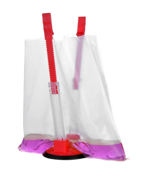 shows the adjustable bag holder holding open a clear freezer bag