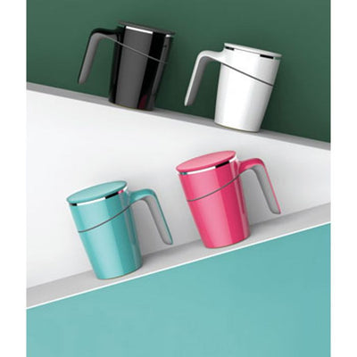 The four different colours of Lifemax Antil Spill Mugs: Black, White, Green, and Pink