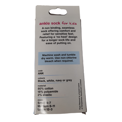 The back of the package of a Feet Retreat Ankle Sock for Kids White Children's Socks