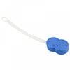 shows the blue bath sponge on the white plastic handle