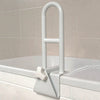 shows bathroom safety rail affixed to side of bathtub