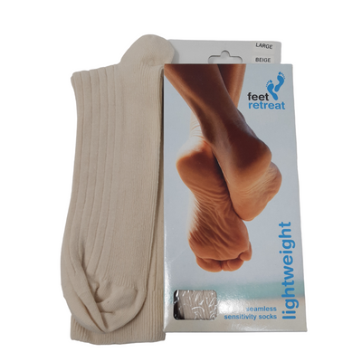 Feet Retreat Lightweight Seamless Socks Beige Oedema Socks in the packaging