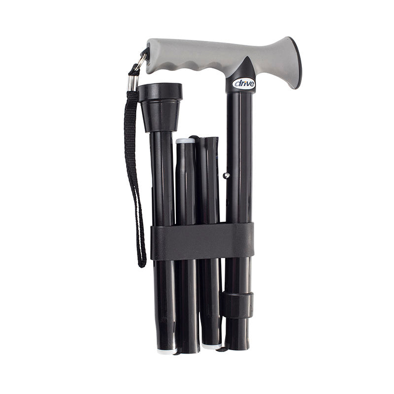 the image shows the black folding walking stick with gel grip handle and folding stick clip