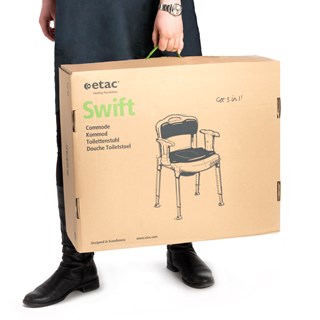 shows the Etac Swift Commode Chair boxed up