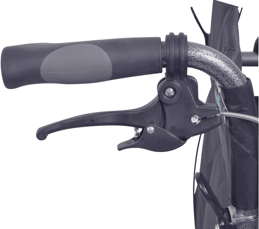 A close up of handle and brake on a Compact Transport Aluminium Wheelchair