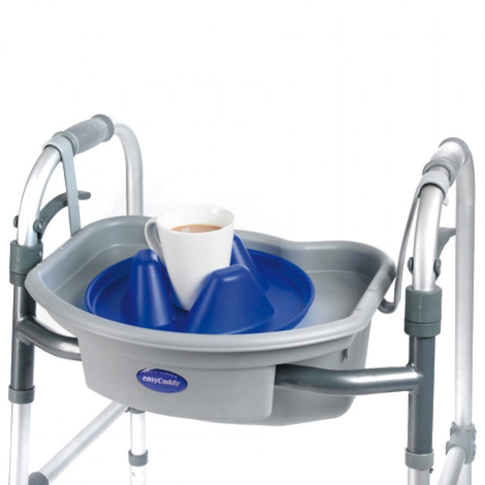 shows the Buckingham Easy Caddy for Folding Frames attached to a folding walking frame with the tray in place to hold a mug of tea.