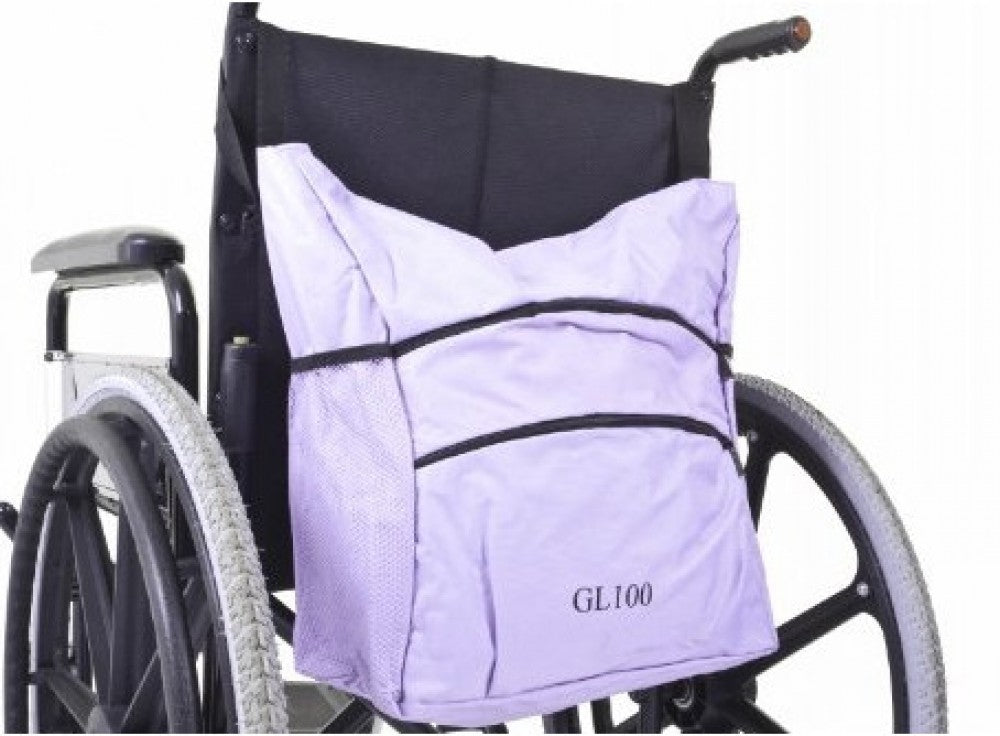 shows the lilac coloured wheelchair carry bag