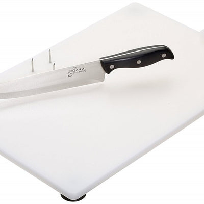 shows the combination chopping board with in-built chef's knife