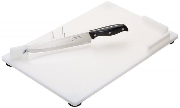 shows the combination chopping board with in-built chef's knife
