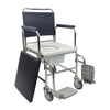 the image shows the homecraft adjustable height mobile commode with the seat up showing the commode pan