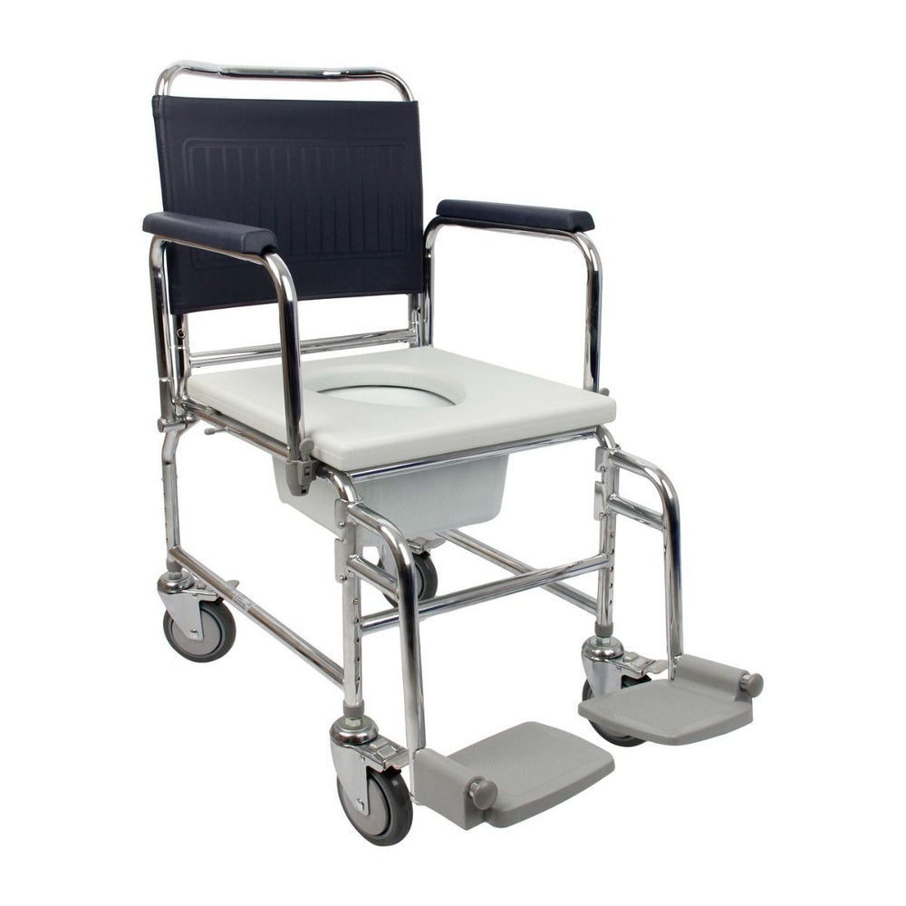 the image shows the homecraft adjustable height mobile commode without the seat cushion