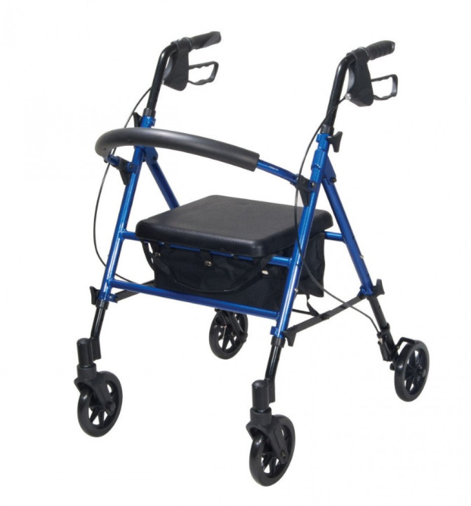 A front view of the blue adjustable seat height rollator/walker