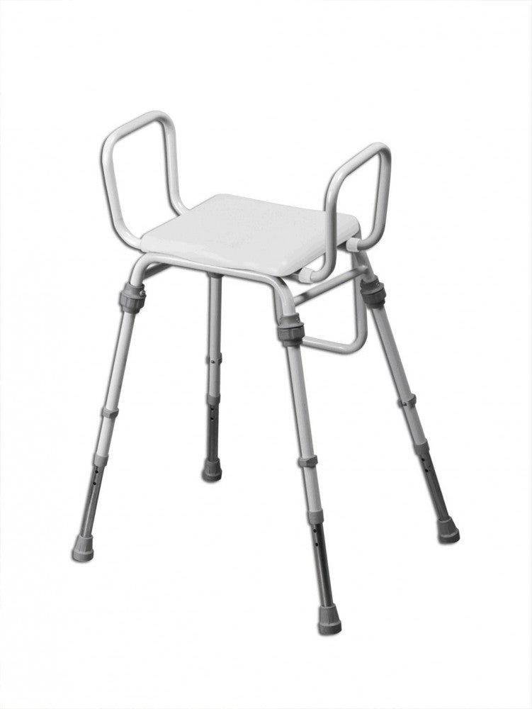 shows the compact modular perching stool with arms