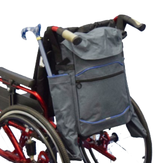 shows the Crutch/Stick Holder Bag for Wheelchairs attached to a wheelchair with a folding cane / walking stick in one of the side pockets